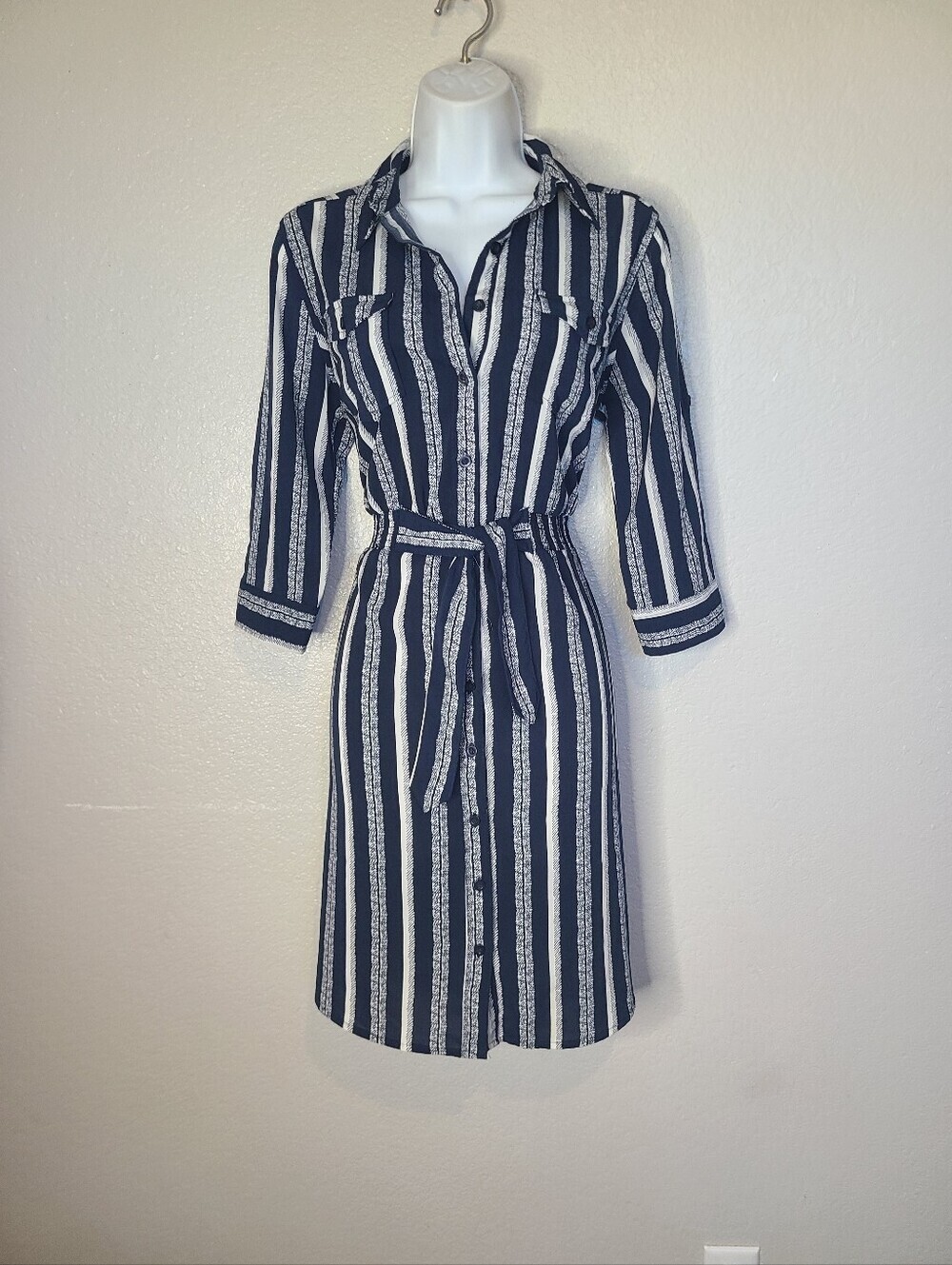 Millenium Striped Navy Blue & White Shirt Dress with Belt Bjtton Up Front